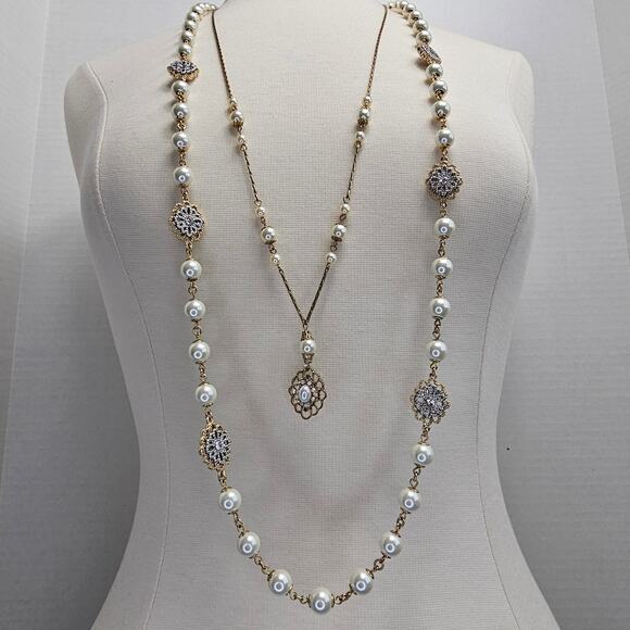 Charter Club Necklace Mixed Metal Filagree Rhinestones Faux Pearl Goldtone - Picture 2 of 7